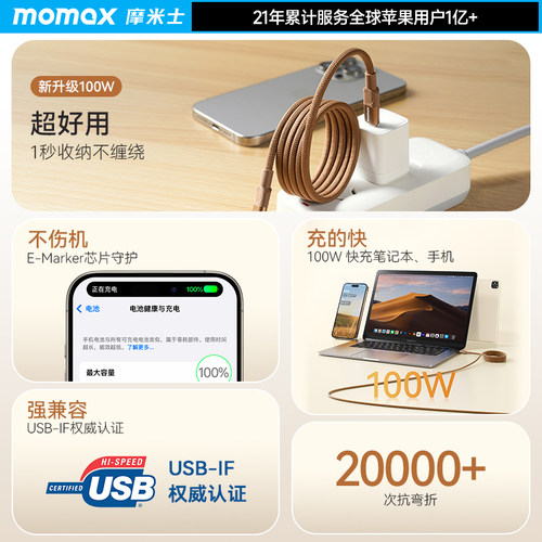 MOMAX摩米士100W磁吸充电线强磁快充线适用苹果iPhone17数据线车载收纳线手机iPad平板笔记本电脑充电器线16 - 图0