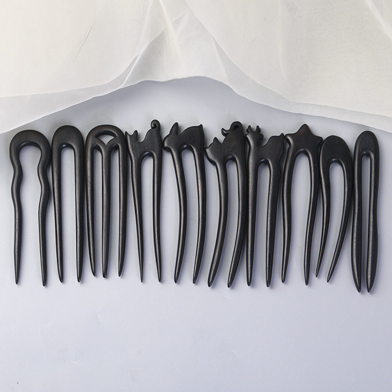 U型发簪古风发钗黑檀木簪子 盘发U钗月弯钗可爱猫咪木钗汉服头饰,淘宝优惠券,粉丝福利购,淘宝优惠卷