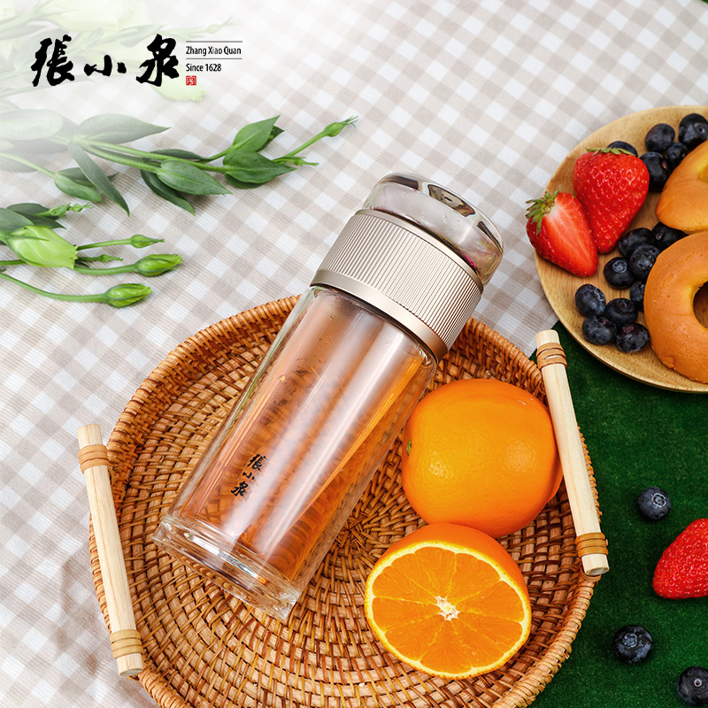 【特价】张小泉双层玻璃杯男士家用水杯高档便携透明盖泡茶水分离