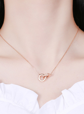 S925纯银双环相扣项链女镶钻双圆锁骨链韩版简约气质小众设计