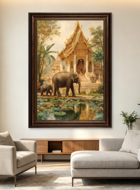 东南亚泰式大象装饰画复古油画客厅玄关挂画竖版吉祥大象壁画