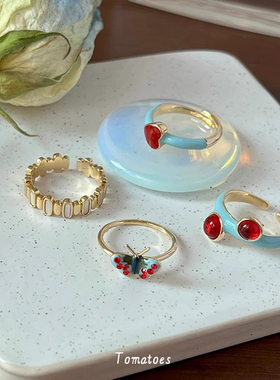 法式复古撞色蝴蝶爱心戒指