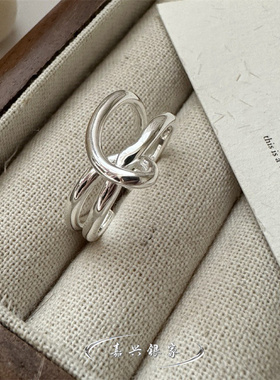 嘉兴银家s925纯银韩式简约精致线条绳结开口戒指女ins风质感指环