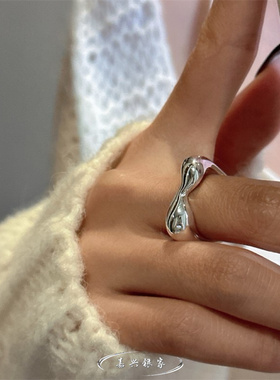 嘉兴银家s925纯银韩版小众气质波浪纹理戒指复古简约基础光面指环