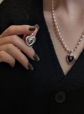 嘉兴银家s925纯银日系小众高级双面爱心吊坠滴釉黑色个性精致项坠