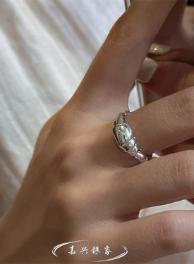 嘉兴银家s925纯银韩版小众高级复古牛角包戒指简约ins风质感指环