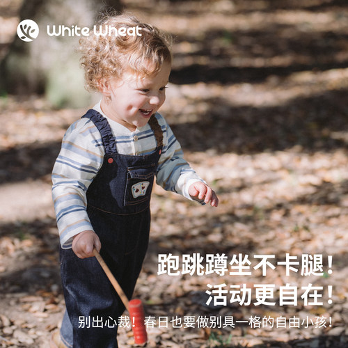 whitewheat【高弹肩带】儿童26春季新款裤子男女童纯棉牛仔背带裤 - 图1