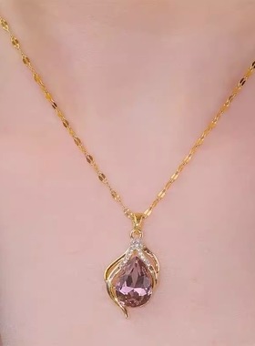 轻奢钛钢紫色水晶几何项链气质时尚百搭小众设计感网红锁骨链颈链