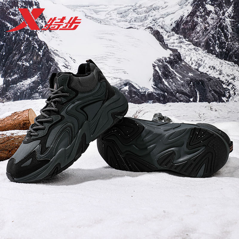 特步男鞋高帮加绒棉鞋闪电6冬季皮面复古保暖雪地靴休闲鞋运动鞋 - 图0