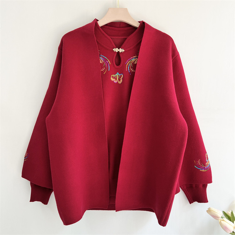 洋气妈妈秋装外套两件套装中老年人女秋冬婚宴喜婆婆奶奶内搭毛衣