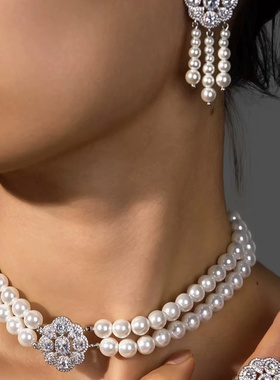 椭圆锆石双层珍珠复古项链