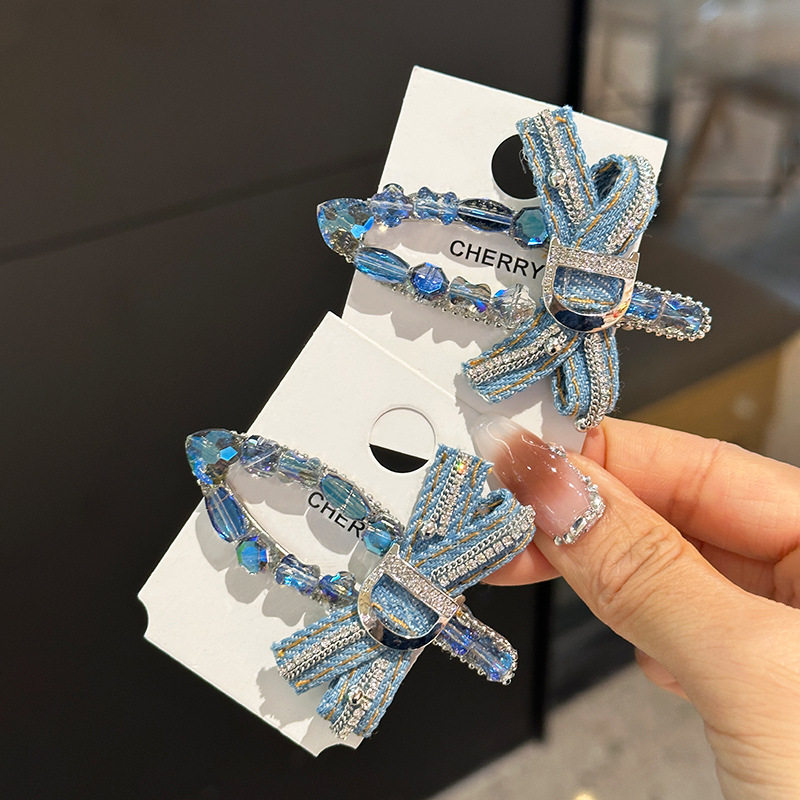 韩系气质复古牛仔蝴蝶结满钻发夹水晶鸭嘴夹边夹刘海侧边夹子头饰,淘宝优惠券,粉丝福利购,淘宝优惠卷