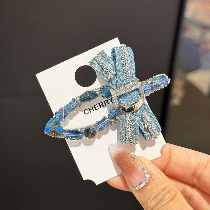 韩系气质复古牛仔蝴蝶结满钻发夹水晶鸭嘴夹边夹刘海侧边夹子头饰,淘宝优惠券,粉丝福利购,淘宝优惠卷