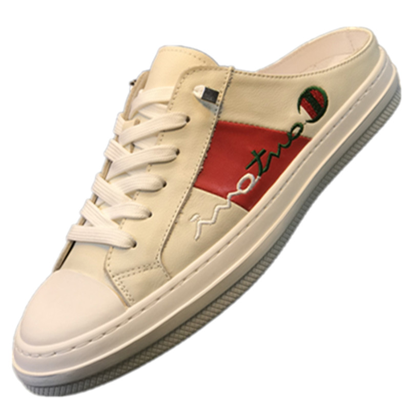 欧洲站男鞋真皮包头半拖鞋男潮刺绣小白鞋夏季透气无后跟板鞋白色 - 图3