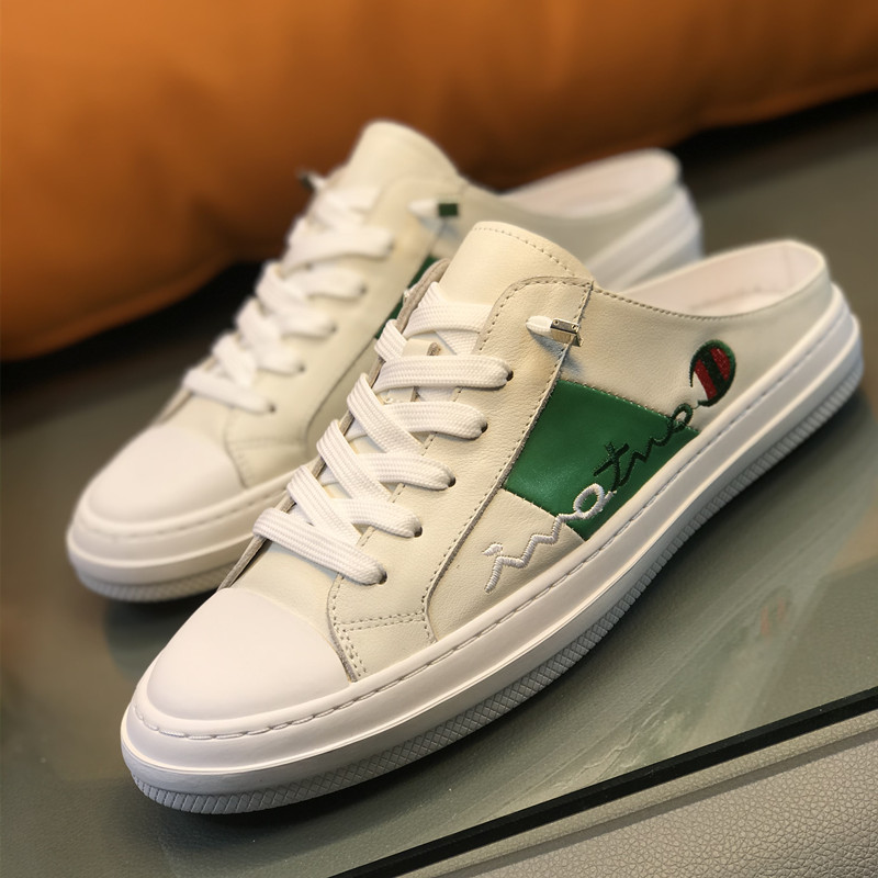 欧洲站男鞋真皮包头半拖鞋男潮刺绣小白鞋夏季透气无后跟板鞋白色 - 图1