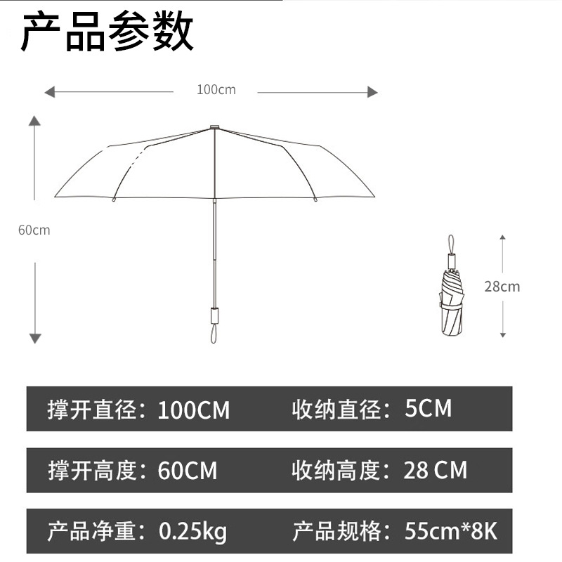 100cm250g8骨超轻伞三折叠防雨抗风男女轻便携带加大手动不湿雨伞 - 图3