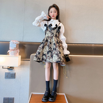 Girl Autumn Clothing Suit 2023 New Ocean Qi Children Trendy Harnesses One-piece Dress Long Sleeve Shirt Princess Skirt Spring Autumn