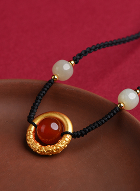 抖音同款天然红玛瑙吊坠女如意金箍圈项链男相似豆平安扣情侣礼物