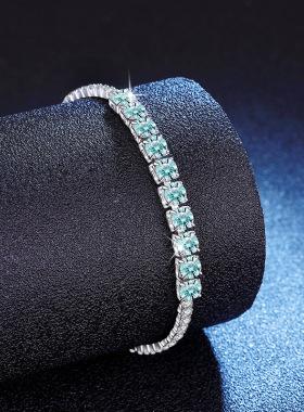 跨境热销s925纯银手链女莫桑石渐变湖水绿几何方糖莫桑石手链