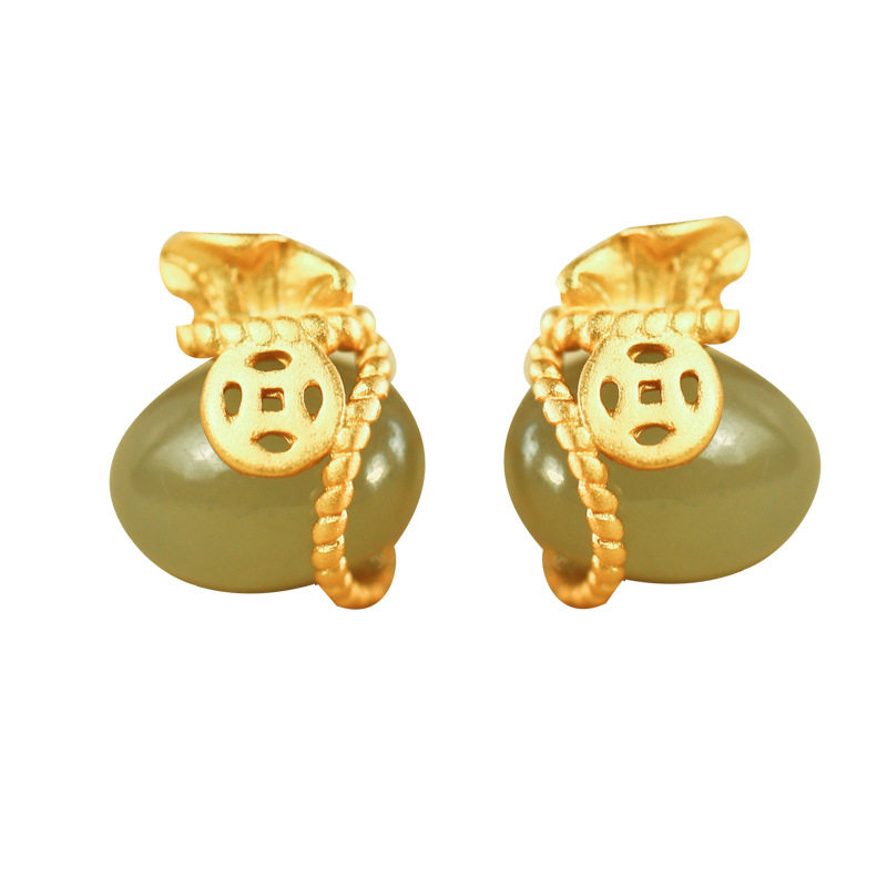 925纯银和田玉钱袋耳钉女复古风ins高级感气质轻奢耳环耳饰新中式,淘宝优惠券,粉丝福利购,淘宝优惠卷