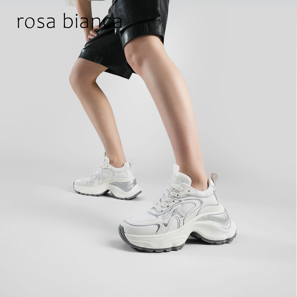【明星同款】rosabianca白色厚底老爹鞋女2024真皮透气增高女鞋子 - 图2