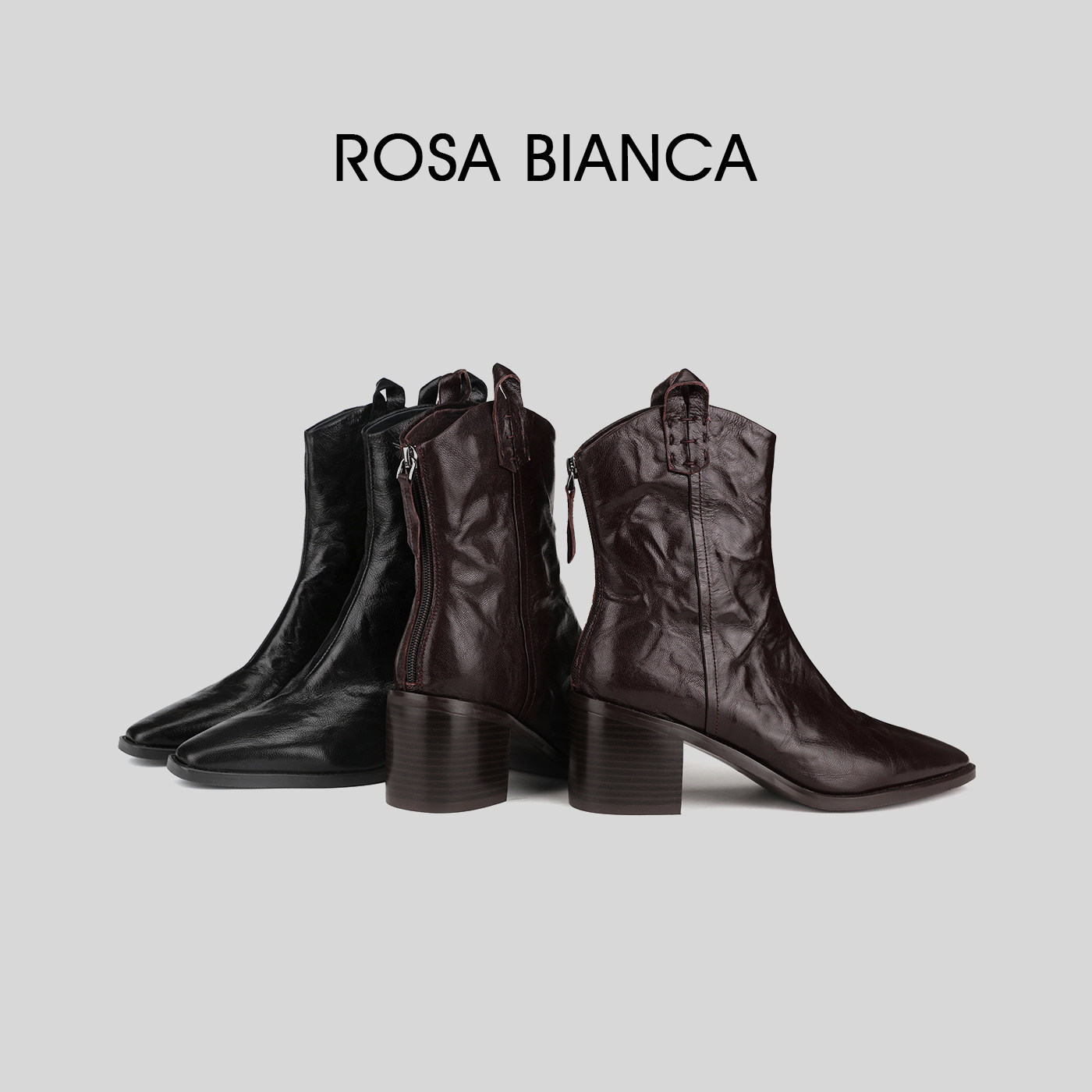 rosabianca手抓纹羊皮短靴尖头高跟休闲后拉链时装靴西部靴,淘宝优惠券,粉丝福利购,淘宝优惠卷