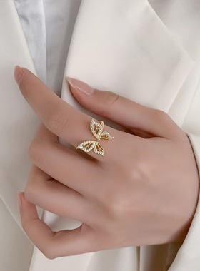 金色蝴蝶结戒指设计小众高级感个性开口装饰轻奢精致简约食指指环