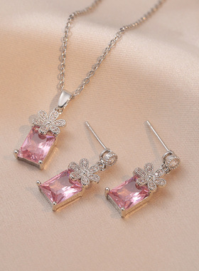 项链女网红彩色锆石几何小众轻奢新款设计感吊坠气质套装钛钢项链