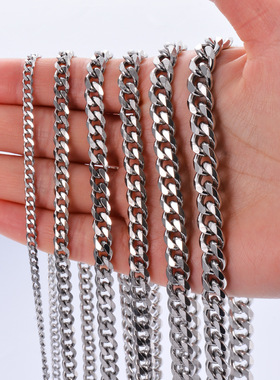 不锈钢六面磨链侧身链古巴链男式个性欧美风格百搭链钛钢项链