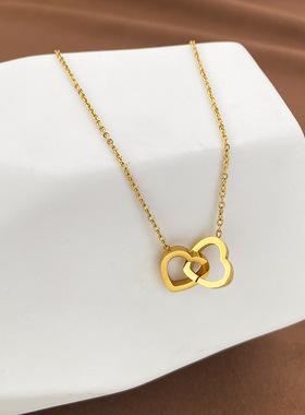 日韩极简钛钢双扣爱心项链女 不锈钢心连心双环锁骨链百搭防掉色