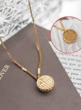 钛钢磨砂设计福字喜字双面福牌项链女中式囍福字短锁骨链项链金色