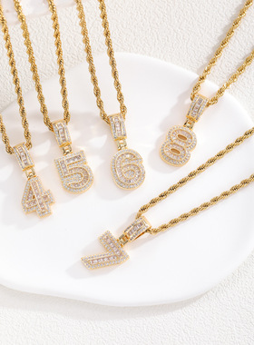 欧美嘻哈铜镀冰糖数字锆石字符数字吊坠个性朋克潮男项链跨境新品