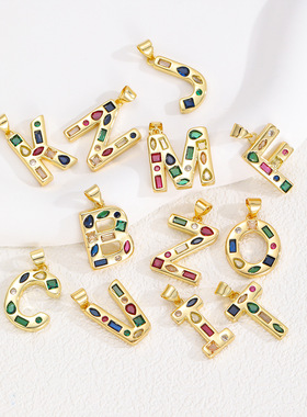 跨境热卖26个英文字母铜镶锆石吊坠 diy饰品配件时尚简约彩钻项链