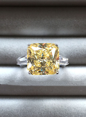 ins风超闪阿斯切黄钻开口戒指 欧美奢华仿真锆石公主方钻订婚女戒