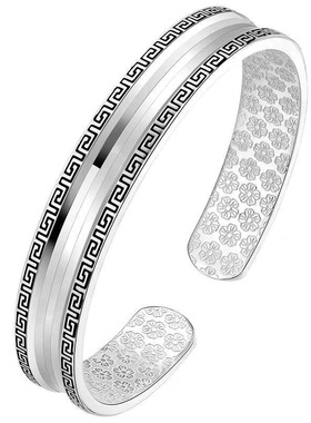 回纹凹面手镯男 复古个性开口男士长城纹镯子 镀银手环送男友礼物