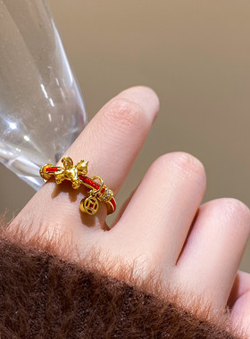 红色编织绳金色钱币小马戒指女