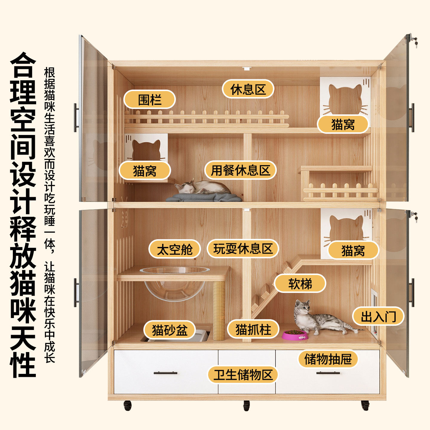 猫别墅实木猫笼子家用室内超大自由空间猫柜猫窝猫舍猫咪房子猫屋,淘宝优惠券,粉丝福利购,淘宝优惠卷