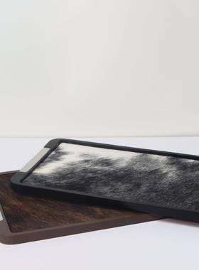 欧式轻奢简约长方形金属实木马毛托盘摆件样板间茶几玄关收纳盘