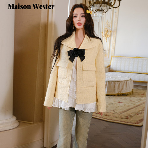 Maison Wester2025冬季新品千金风毛呢翻领上衣鹅黄拉链夹克外套 - 图2