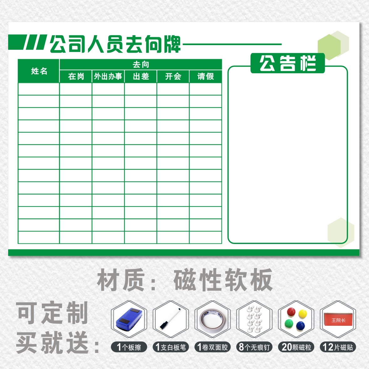 人员去向牌职工值班状态出勤一览工作表告知动态排班公示吸磁可擦写软板移动办公司车间生产综合管理看板定制-图3