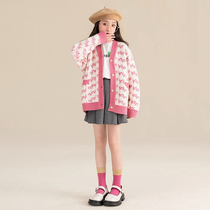 Girl Nets Red Knit Cardiovert Sweatshirt Autumn Clothing 2024 New Girls Great Boy Academy Wind Fashion Girl Cute Blouse