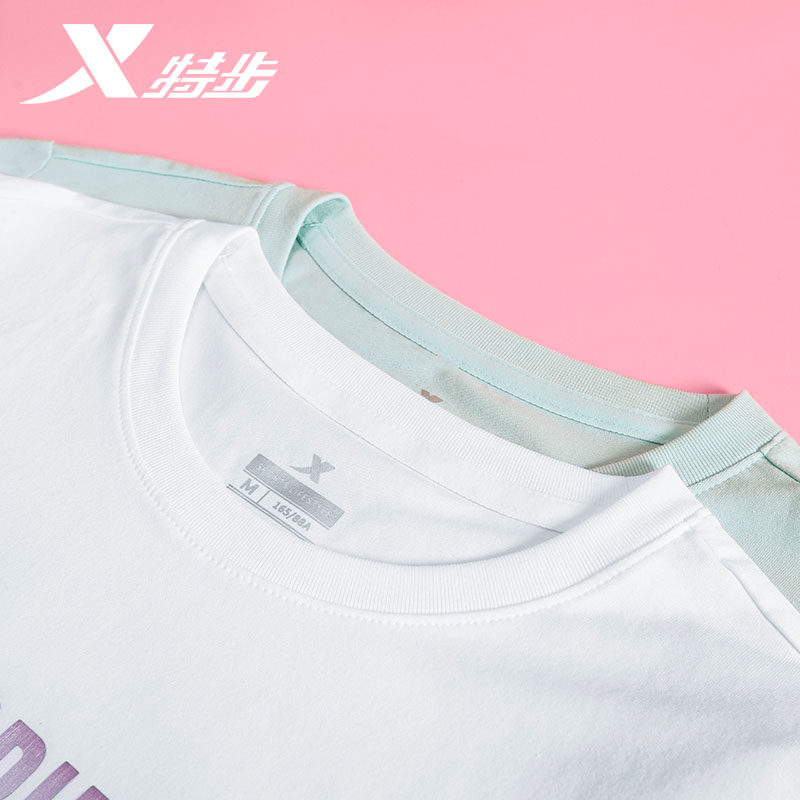 特步短袖女夏季学生时尚圆领百搭薄荷曼波t恤绿色休闲运动服女装