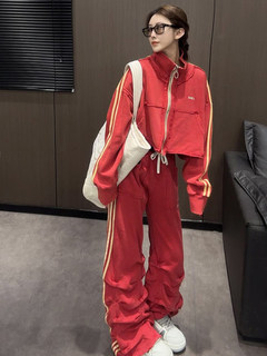 Fashion two-piece set trendy european station 2025 autumn new american casual versatile stand-up collar top elastic waist trousers