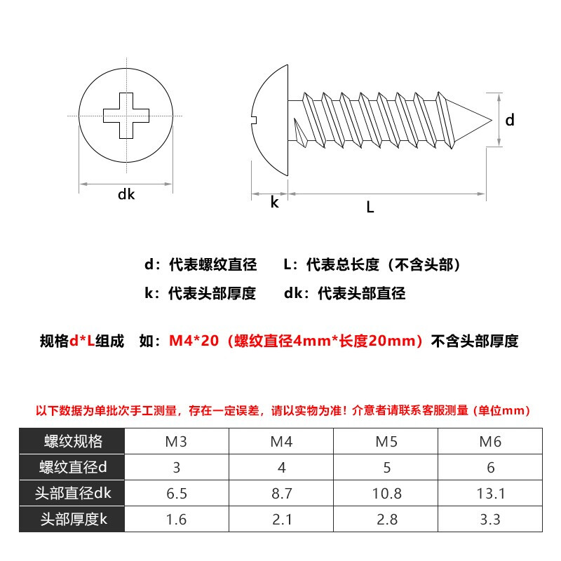 黑色304不锈钢十字大扁头自攻螺丝M3M6X8X10X12X16加长木螺钉大全 - 图1