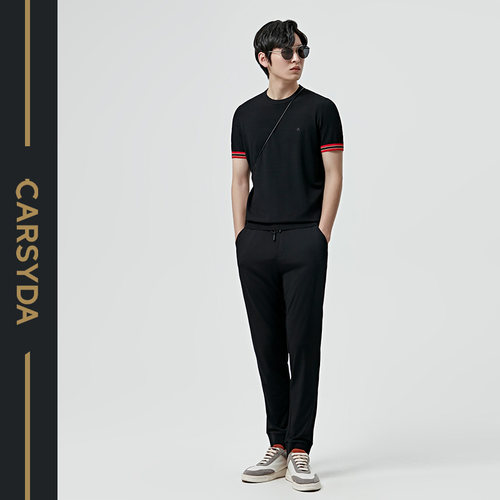 CARSYDA/珈仕达撞色腰头弹力针织裤子男 休闲系带新款男卫裤 - 图1