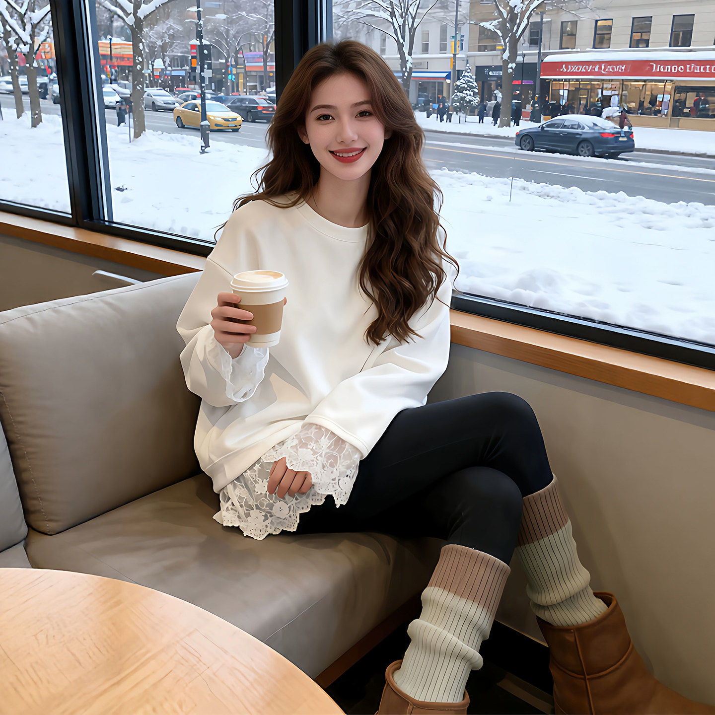 欧货加绒白色打底衫女内搭2026新款蕾丝拼接长袖T恤遮屁股上衣潮,淘宝优惠券,粉丝福利购,淘宝优惠卷