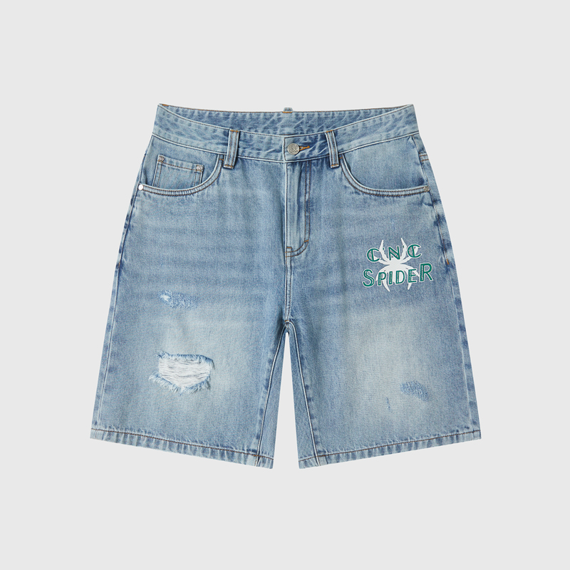 CNC男装奥莱春夏新品破洞图案字母LOGO印花休闲牛仔短裤男