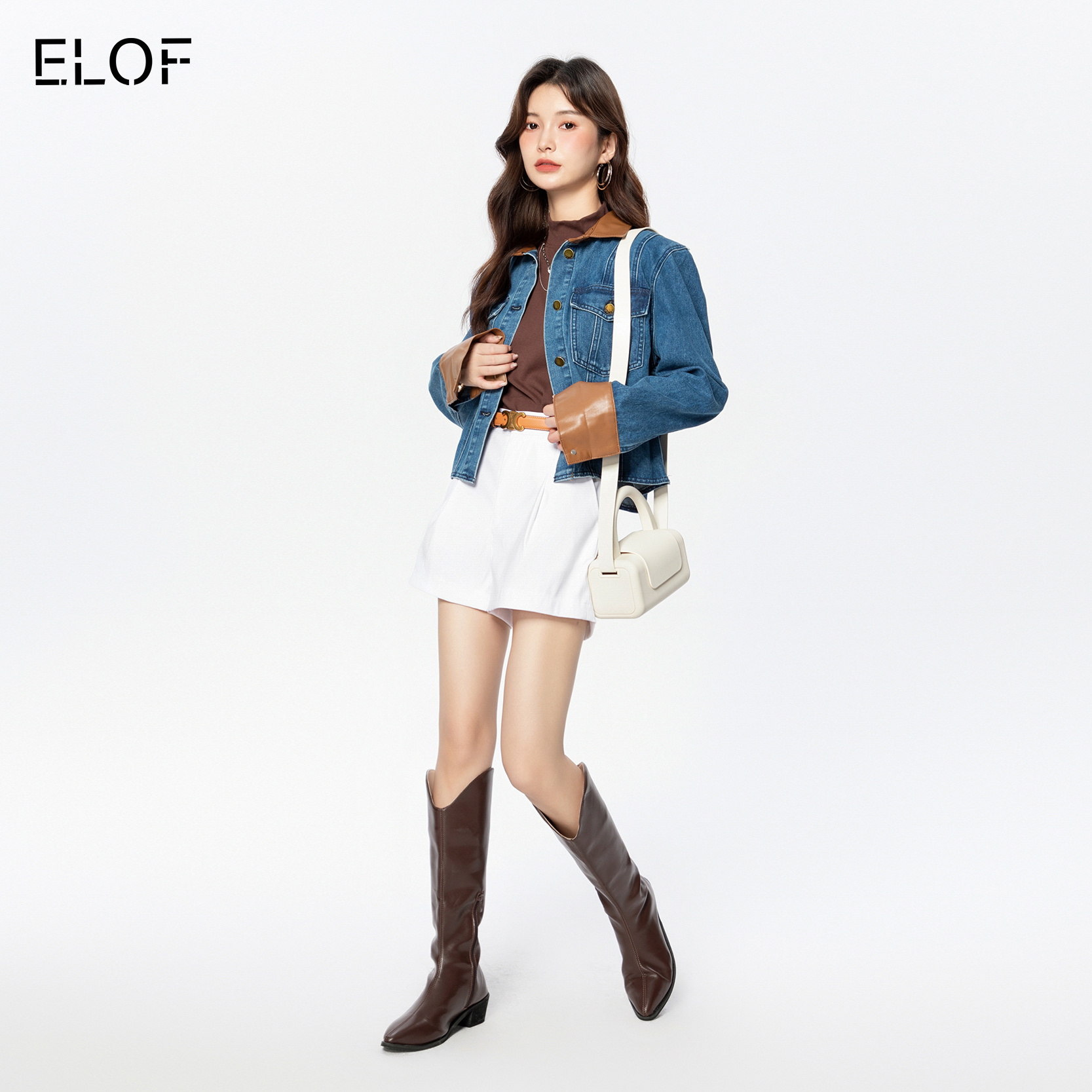 ELOF拼接pu革短款牛仔外套