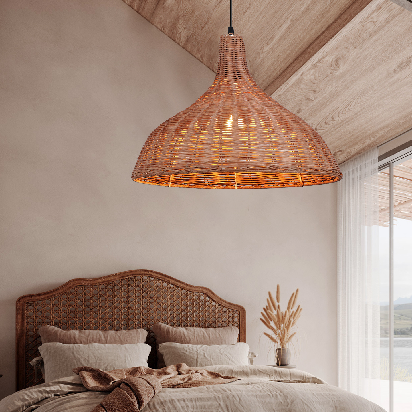 藤编吊灯餐厅东南亚民宿复古藤艺饭店草帽灯罩火锅店竹艺竹编灯笼 - 图0