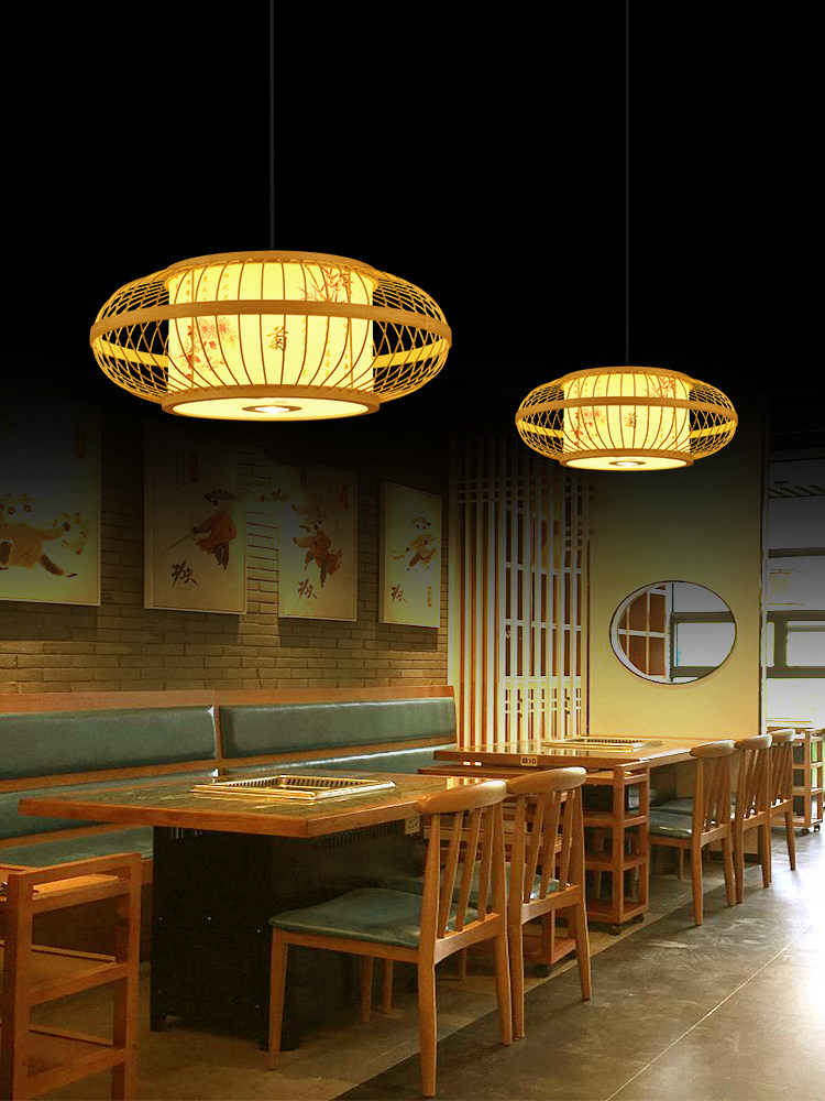 中式竹编餐厅店铺火锅店吊灯带射灯商用餐饮饭店包厢专用竹艺灯笼_虎窝淘